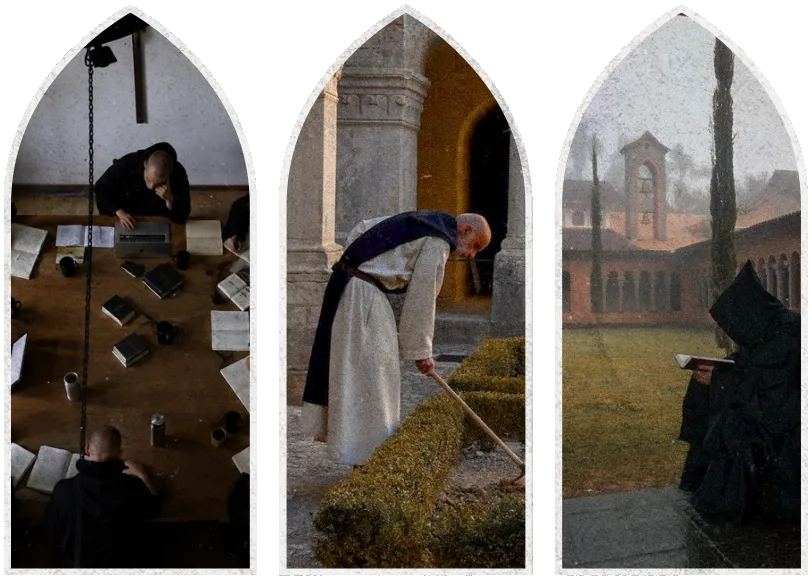 Three arched windows, each showing Benedictine monks at work: carrying timber, sweeping a cloister, and crossing a monastery courtyard in the rain.